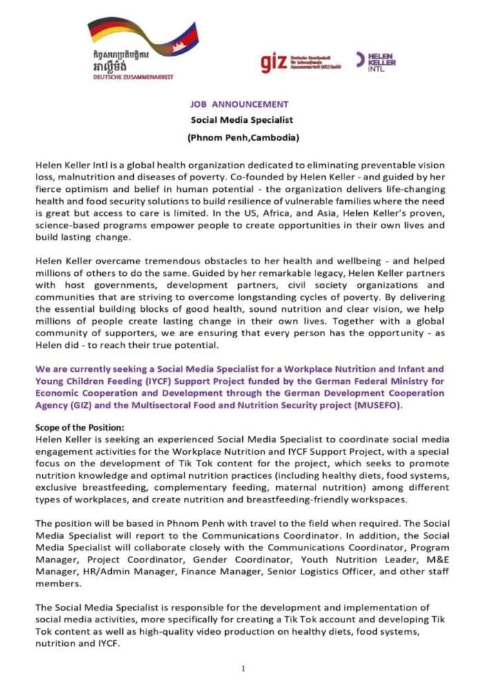 HELEN KELLER JOB ANNOUNCEMENT Social Media Specialist (Phnom Penh